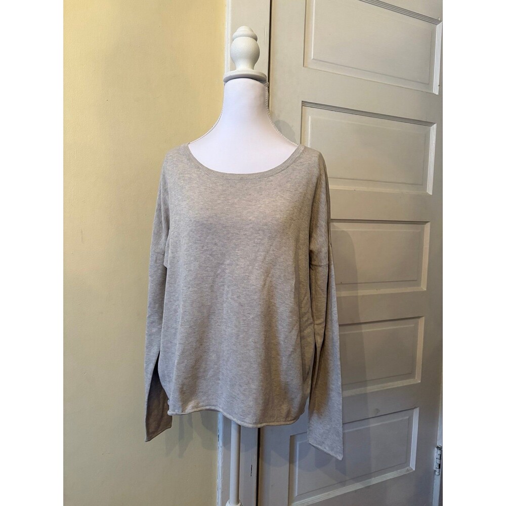 Garnet Hill silk cotton sweater heathered gray scoop neck lightweight rolled hem
